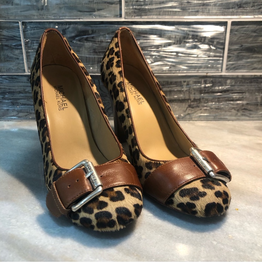 Michael Kors Leopard Heels With Tan Leather Strap and Silver Buckle. Size 7